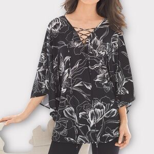 Soma Bliss Knit Caftan Tunic‎ Drawn Floral Black Women's S/M Flowy Rounded Hem